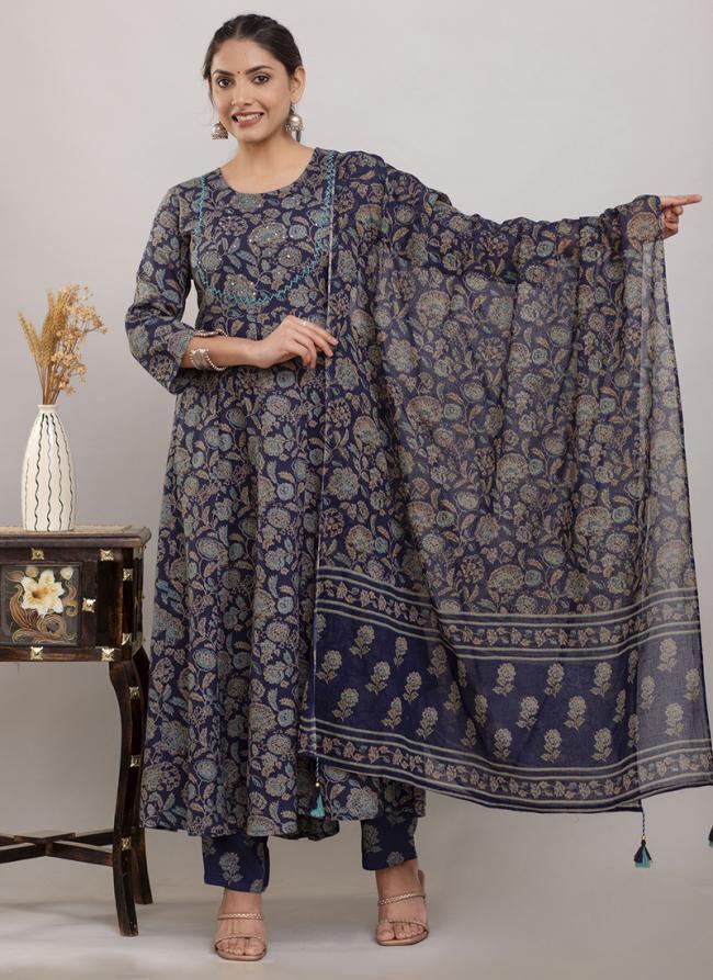 Rayon Cotton Blue Daily Wear Printed Readymade Plus Size Suit